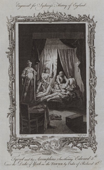 Tyrrel a jeho komplicové udusili Edwarda V. a vévodu z Yorku ve věži na příkaz Richarda III. (rytina) od Samuel (after) Wale