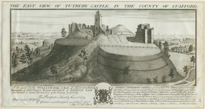 Tutbury Castle - East View: rytina od Samuel Buck
