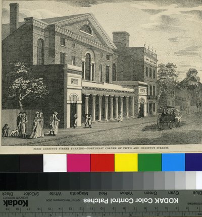 First Chestnut Street Theatre, Northeast Corner of Fifth and Chestnut Streets, c.1820 (dřevořez) od Samuel Castner