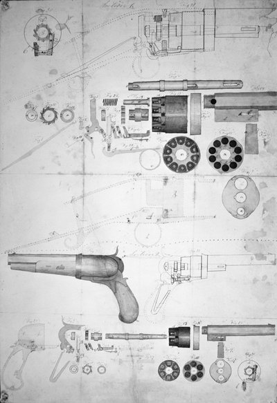 Původní plány na desetikomorový revolver, který se později stal šestikomorovým patentovaným v roce 1836, kolem roku 1830 (pero a inkoust na papíře) od Samuel Colt