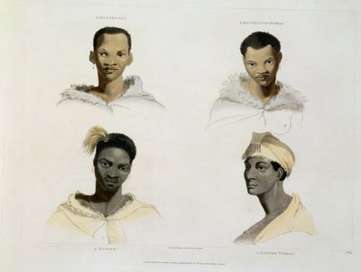 Hottentot, Hottentotka, Kaffre, Kaffre: čtyři viněty na hlavě a ramenou, deska 14 z  od Samuel Daniell