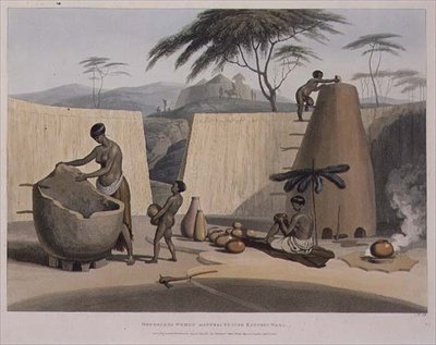 Booshuana Women Manufacturing Earthen Ware, deska 23 z „African Scenery and Animals“, vyryto umělcem od Samuel Daniell