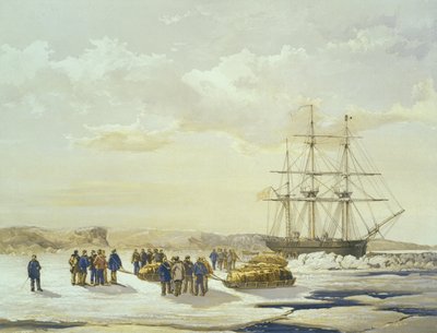 Sáňkařská párty opouštějící H.M.S. Investigator in Mercy Bay, 15. dubna 1853, vyryto E. Walkerem, vydal Ackermann und Co., 1854 od Samuel Gurney Cresswell