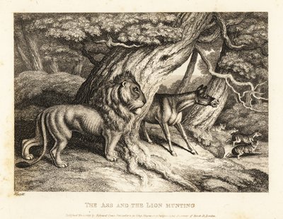 Osel při lovu se lvem hlasitě hýká na kořist. 1811 (lept) od Samuel Howitt