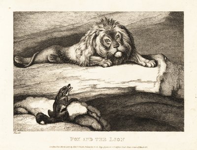 Liška se pošetile blíží k lvímu samci v jeho doupěti. 1811 (lept) od Samuel Howitt