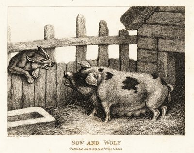 Velká prasnice v prasečím chlívku vrčící na vlka. 1811 (lept) od Samuel Howitt