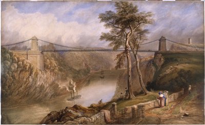 Pohled na Avon Gorge se schváleným designem pro Clifton Suspension Bridge (akvarel na papíře) od Samuel Jackson