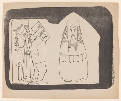 Fantasy: vlevo tři postavy vpravo, vpravo frontální postava podobná Číňanům od Samuel Jessurun de Mesquita (signed by artist)