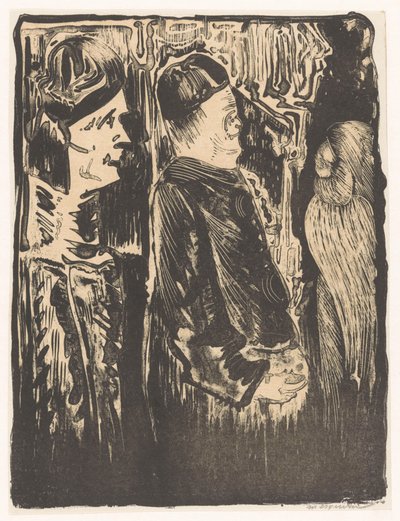 Fantasy: vlevo dvě postavy s klobouky vpravo, vpravo poškrábaný vzhled s peřím od Samuel Jessurun de Mesquita (signed by artist)