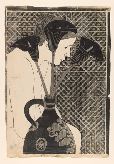 Ženský akt za vázou s áronem Black Arum (původní název) od Samuel Jessurun de Mesquita (signed by artist)