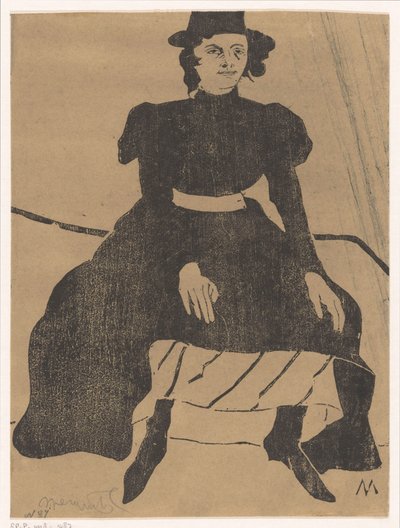Sedící žena s kloboukem a v černých šatech, ruce na kolenou od Samuel Jessurun de Mesquita (signed by artist)
