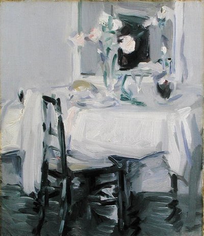 Interiér s růžemi ve váze na stole (olej na plátně) od Samuel John Peploe