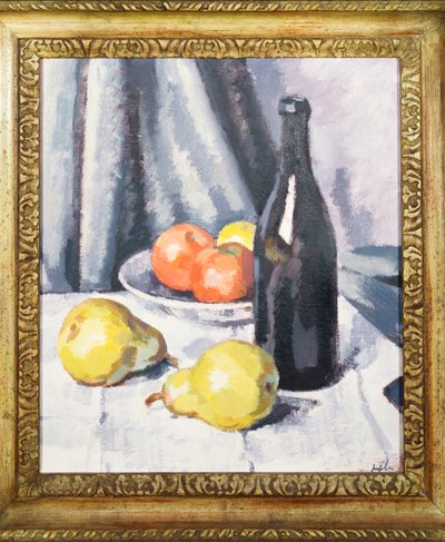 Jablka, hrušky a černá láhev na přehozeném stole, c.1928 od Samuel John Peploe
