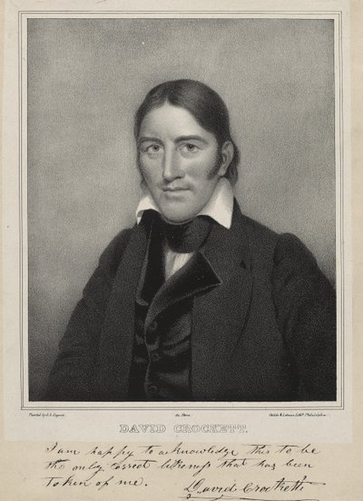 David Crockett, kolem roku 1835 (litografie na chine collé) od Samuel Osgood