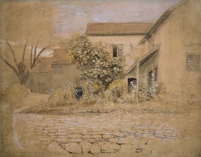 A House and Garden at Tintern, 1835 (pero a inkoust, wc a tělová barva přes grafit a černá křída na narůžovělém lesklém papíře) od Samuel Palmer