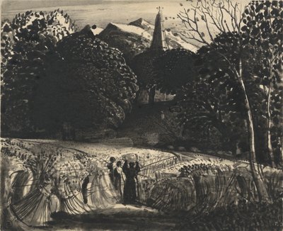 Cornfield and Church by Moonlight (štětec a černý inkoust na papíře) od Samuel Palmer