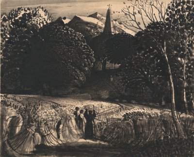Kukuřičné pole a kostel za měsíčního svitu od Samuel Palmer