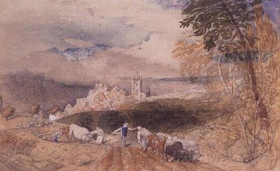 Kopcovitá krajina s orbou zemědělců (akvarel) od Samuel Palmer