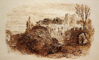 „Mark yon Old Mansion...“ (pero a hnědý inkoust na papíře) od Samuel Palmer