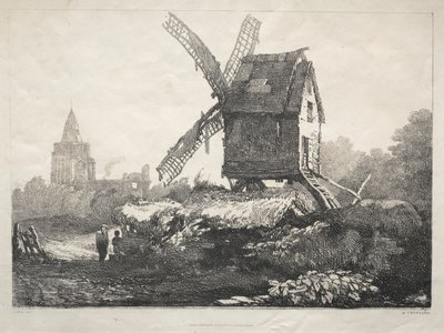 Řada starověkých budov a venkovských domků v severní Anglii: V Crowland, Windmill od Samuel Prout