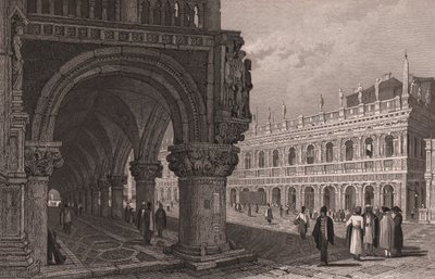 Zkrácení podloubí Dóžecího paláce (Palazzo Ducale) s výhledem na náměstí svatého Marka a palác knihovny, Benátky, Veneto, Itálie, ocelorytina podle kresby Samuela Prouta (1783-1852), cca 15x11,5 cm od Samuel Prout