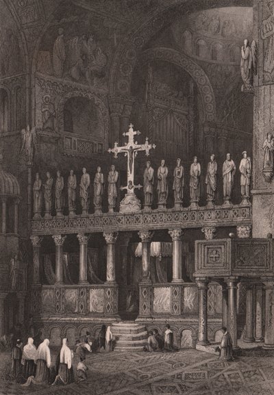 Ikonostaasi Pyhän Markuksen basilikassa (Basilica di San Marco), Venetsia, Veneto, Italia, teräskaiverrus Samuel Proutin (1783-1852) piirtämänä, noin 15x11,5 cm od Samuel Prout