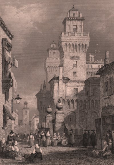 Pohled na Castello Estense, Ferrara, Emilia-Romagna, Itálie, ocelorytina od Johna Godfreye (asi 1817-1889) podle kresby Samuela Prouta (1783-1852), asi 26x17 cm, vydáno Blackie and Son od Samuel Prout