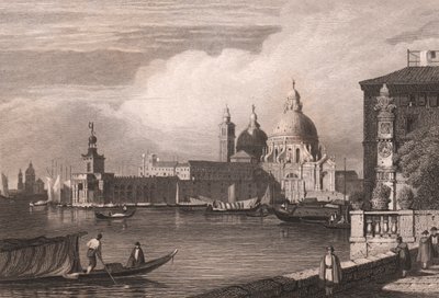 Pohled na Canal Grande (Canal Grande) s Punta della Dogana a bazilikou di Santa Maria della Salute v pozadí, Benátky, Veneto, Itálie, ocelorytina podle kresby Samuela Prouta (1783-1852), přibližně 15x11,5 cm od Samuel Prout