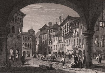 Näkymä torille Domodossolassa, Piemontessa, Italiassa, teräskaiverrus Samuel Proutin (1783-1852) piirroksesta, n. 16x11 cm od Samuel Prout
