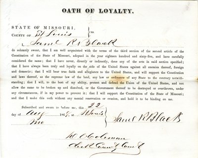 Věrnostní přísaha Samuela R. Blacka z Missouri v hrabství St. Louis od Samuel R. Black