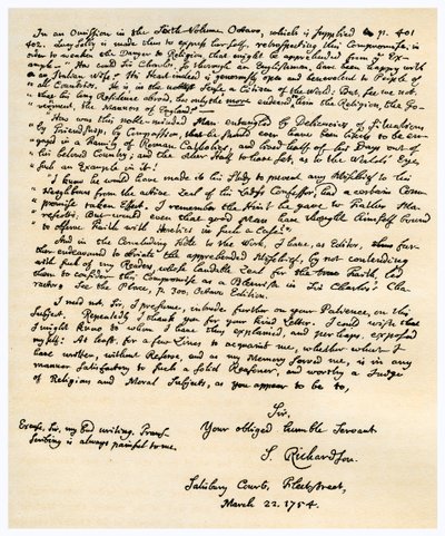 Dopis od Samuela Richardsona, 22. března 1754. od Samuel Richardson