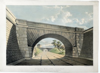 North Midland železnice. Pohled na New Street Bridge atd. v Belperu, při pohledu na jih, kolem roku 1840 (ručně kolorovaná litografie na papíře) od Samuel Russell
