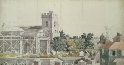 Twickenhamský kostel pod lešením, 18. století (wc, pero a tuš na papíře) od Samuel Scott