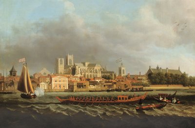 Pohled na Westminster z Lambeth s královskou bárkou v popředí od Samuel Scott
