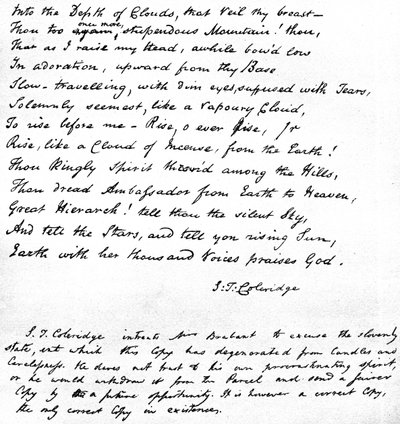 Poslední verše Coleridgesovy básně Hymn before Sunrise in the Vale of Chamouny, napsané básníkovým vlastnoručním písmem a zaslané v dopise paní Brabantové z Devizes, 1815. od Samuel Taylor Coleridge