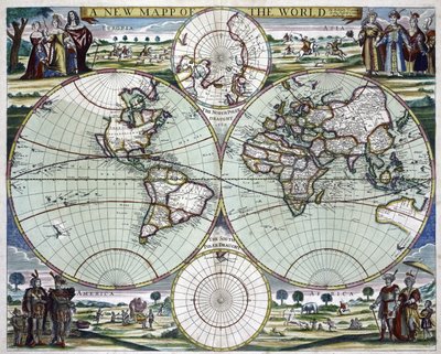 Nová mapa světa, cca 1702 (tisk) od Samuel Thornton