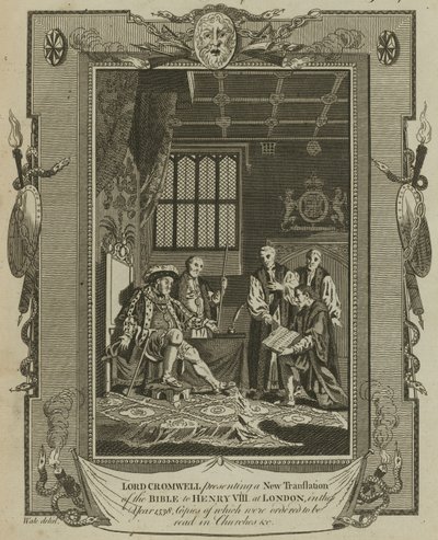 Lord Cromwell představuje v Londýně roku 1538 nový překlad Bible králi Jindřichu VIII. od Samuel Wale