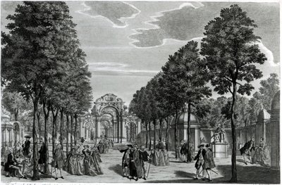Triumfální oblouky, Händelova socha v South Walk of Vauxhall Gardens, rytina Johna S. Mullera (ručně kolorovaný lept a rytina) od Samuel Wale