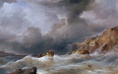Na skalnatém pobřeží se potopila loď, jejíž záchranný člun byl plný trosečníků. Olej na plátně, Samuel Walters (1811-1882). od Samuel Walters