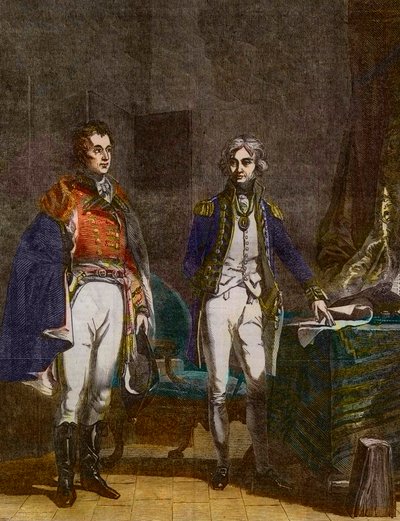 Setkání mezi generálmajorem Sirem Arthurem Wellesleym (vévoda z Wellingtonu) a viceadmirálem Horatiem Nelsonem, září 1805, vyryto Samuelem Williamem Reynoldsem (1794-1872) po Johnu Prescott Knightovi (1803-1881) od Samuel William I Reynolds