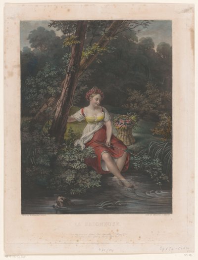 Mladá žena s věncem z květin a nohou ve vodě La Baigneuse (název na objektu) od Samuel William Reynolds (I)