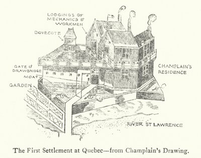 První francouzská osada v Quebecu, počátek 17. století (litho) od Samuel de Champlain