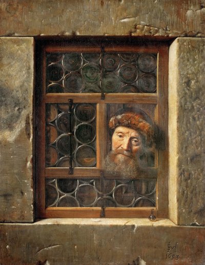 Stařec v okně - Samuel Dirksz van Hoogstraten (1627-1678). olej na plátně od Samuel van Hoogstraten