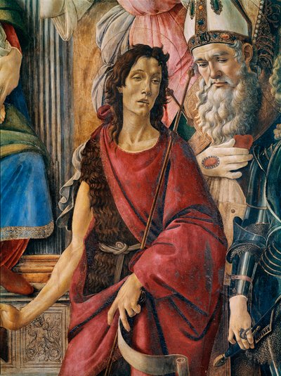 Pala di San Barnaba (oltářní obraz sv. Barnaby): Panna Maria má dítě se svatou Kateřinou Alexandrijskou, svatým Augustinem, svatým Barnabou a svatým Janem Křtitelem, svatým Ignácem Antiochijským a archandělem svatým Michaelem. Detail zobrazující svatého Ja od Sandro Botticelli