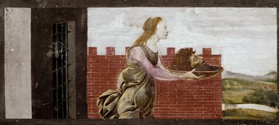 Salome drží hlavu svatého Jana Křtitele. Detail oltářního obrazu svatého Barnaba (tempera na dřevě od Sandro Botticelli
