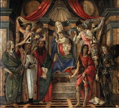 Panna a dítě se svatými z oltářního obrazu San Barnabas - Tempera na dřevě od Sandro Botticelli