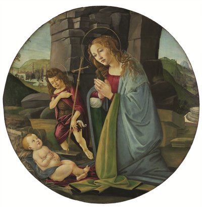 Madona klanící se dítěti s mladým svatým Janem Křtitelem (tempera a olej na desce) od Sandro (and workshop) Botticelli