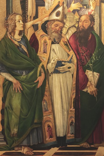 Oltářní obraz, hlavní deska: Madona na trůně, čtyři andělé a světci od Sandro Botticelli