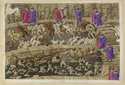 La Divina Commedia, Inferno XVIII. Vergilius a Dante v osmém kruhu pekla (Malebolge), 1. a 2. bolgia: Trest pro kuplíře a svůdníky, lichotníky a prostitutky od Sandro Botticelli