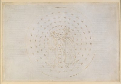 La Divina Commedia, Paradiso VII. Druhá planetární sféra (nebe Merkuru): Beatrice seznamuje Danteho s obtížnými otázkami božské spravedlnosti, lidské dědičné viny a vykoupení skrze Kristovu smrt od Sandro Botticelli